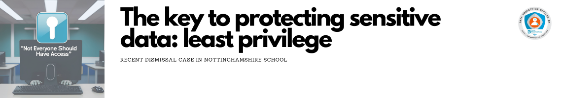 AI generated photo of the back of a computer screen with hands on a keyboard. Blue padlock with white text saying: Not everyone should have access. White background and black text: The key to protecting sensitive data : least privilege. Recent dismissal case in Nottinghamshire